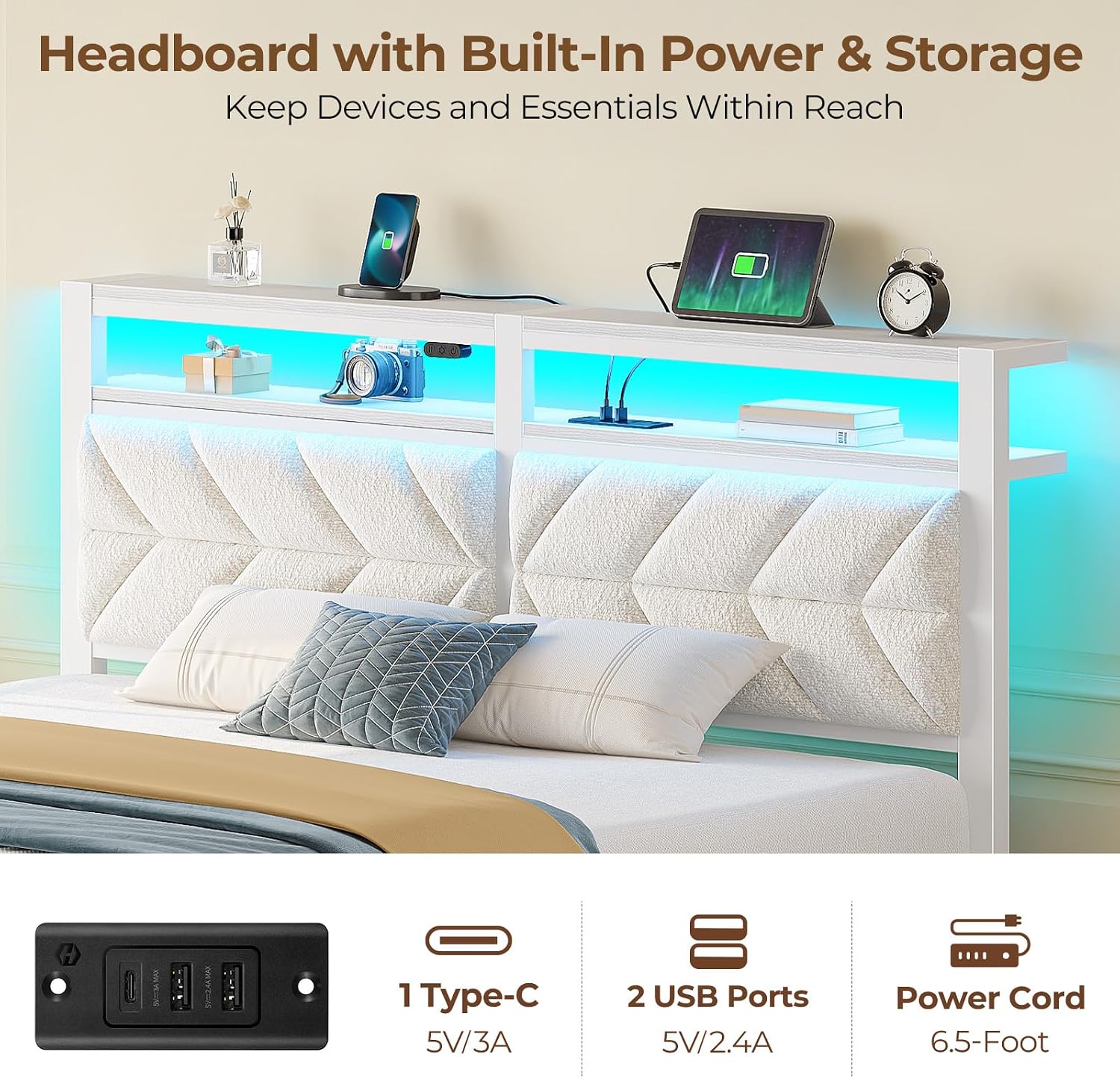 Seventable Queen Bed Frame with 4 Storage Drawers, Charging Station & LED Lights, Upholstered Headboard with 2-Tier Shelves, Metal Platform Bed, No Box Spring Needed, Noise-Free, White
