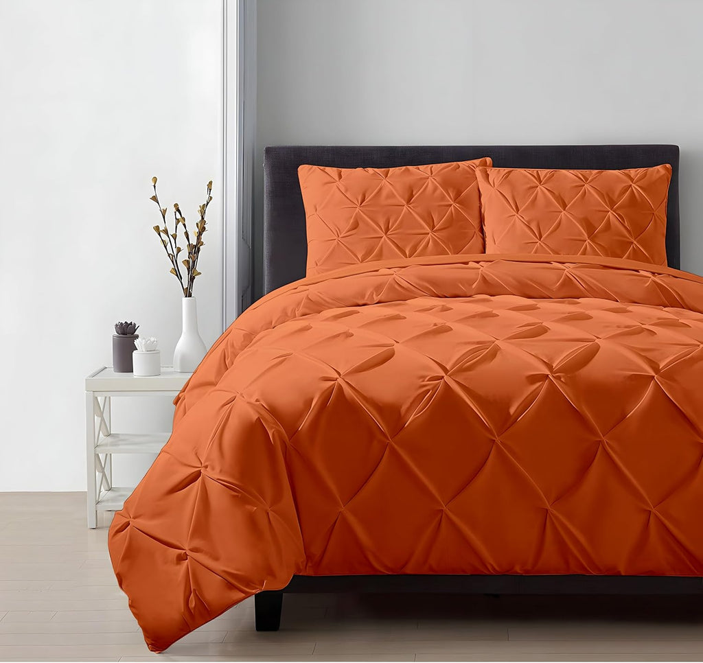 Luxury Burnt Orange Pinch Pleated Pintuck Duvet Cover Set Oversized King Plus 120'x128' Size Egyptian Cotton Luxury Soft & Breathable Comforter Cover with Corner Ties & Zipper Closure