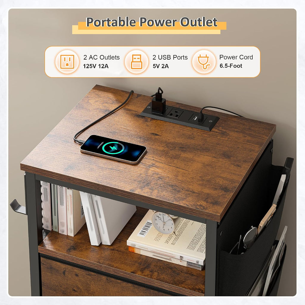 EnHomee Nightstand Set of 2, Night Stand with Charging Station & LED, Bedside Table with Fabric Drawers and Storage Shelf, Sturdy Steel Frame, Wood Top, Cloth Bags, Hooks, Brown
