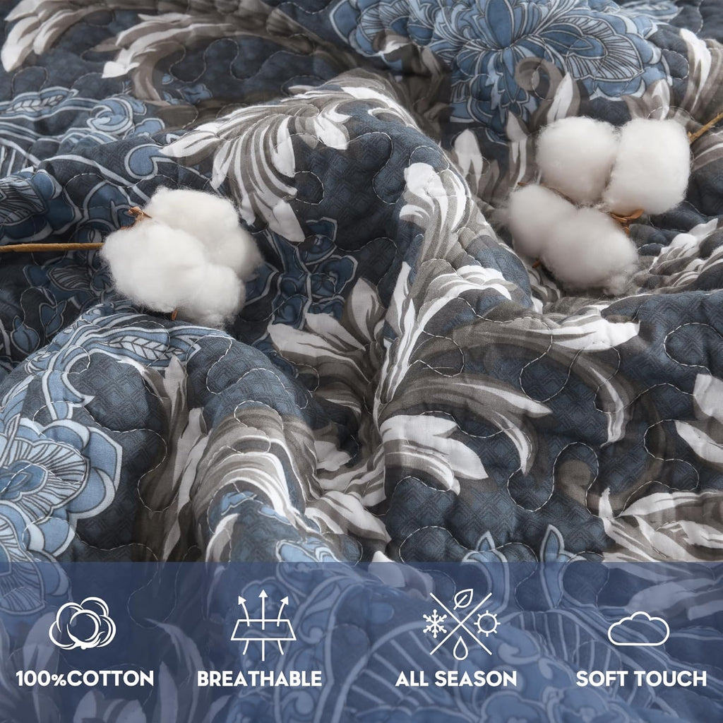 King Size Quilt Set - Blue Gray and White Quilt Set King, 100% Cotton Floral Bedspread Set 3 Piece, Traditional Elegant Lightweight Comforter, Reversible Quilt Bedding Set for All Season