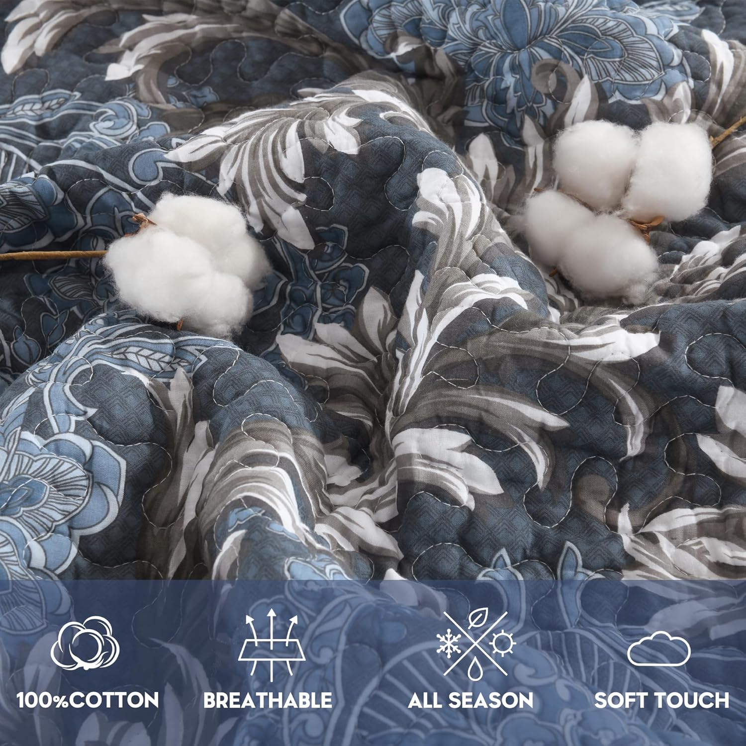 King Size Quilt Set - Blue Gray and White Quilt Set King, 100% Cotton Floral Bedspread Set 3 Piece, Traditional Elegant Lightweight Comforter, Reversible Quilt Bedding Set for All Season