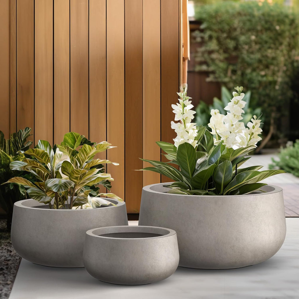 Kante 19.6',15.7',11.8' Dia Round Concrete Planters Set of 3, Outdoor Indoor Large Plant Pots with Drainage Hole, Modern Curvaceous Design, Weathered Concrete