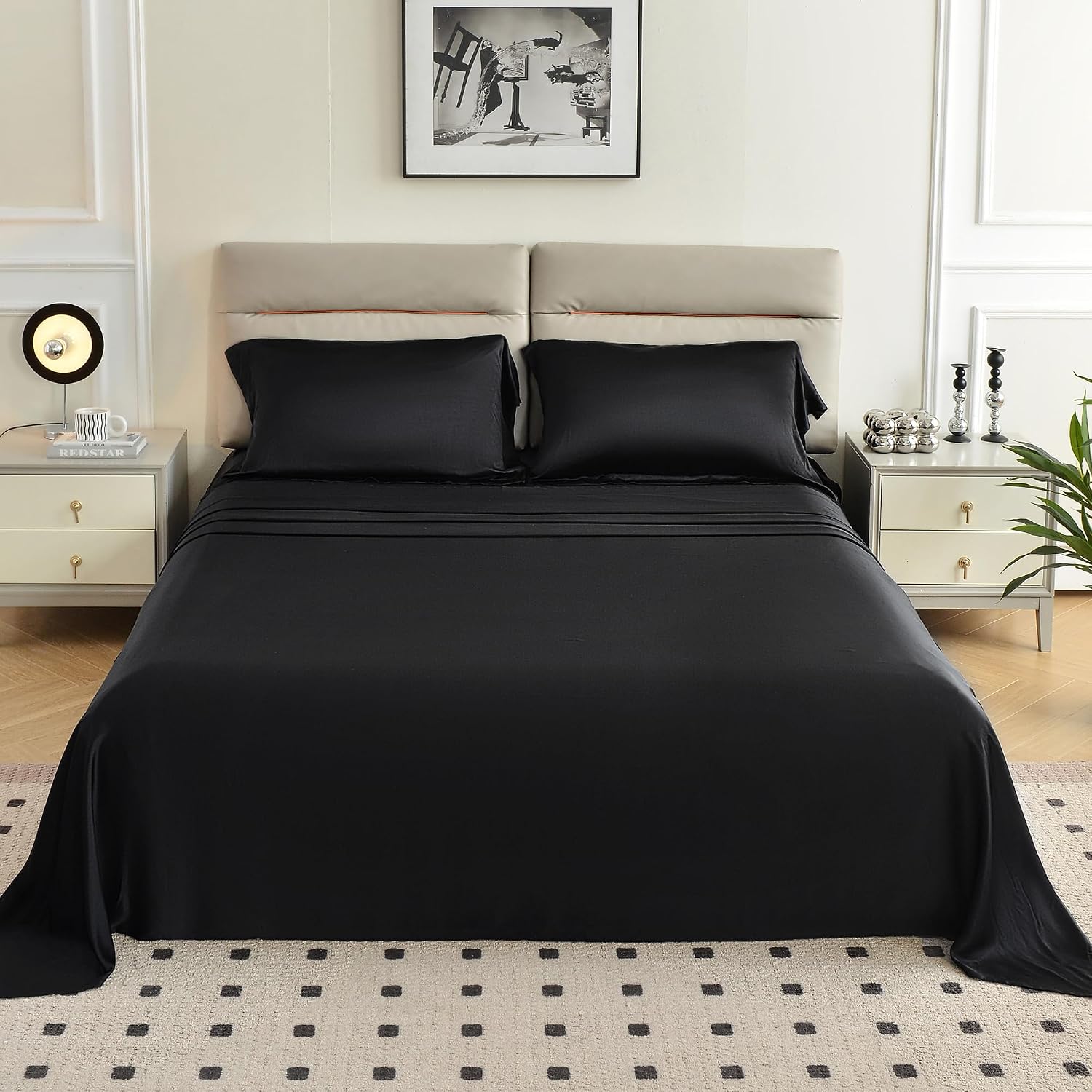 4 Pieces 100% Mulberry Silk Sheet Set Bed Sheets, 19 Momme King Size 6A Luxury Bedding Set with Flat Sheet, Fitted Sheet & 2 Pillowcases (King, Black)