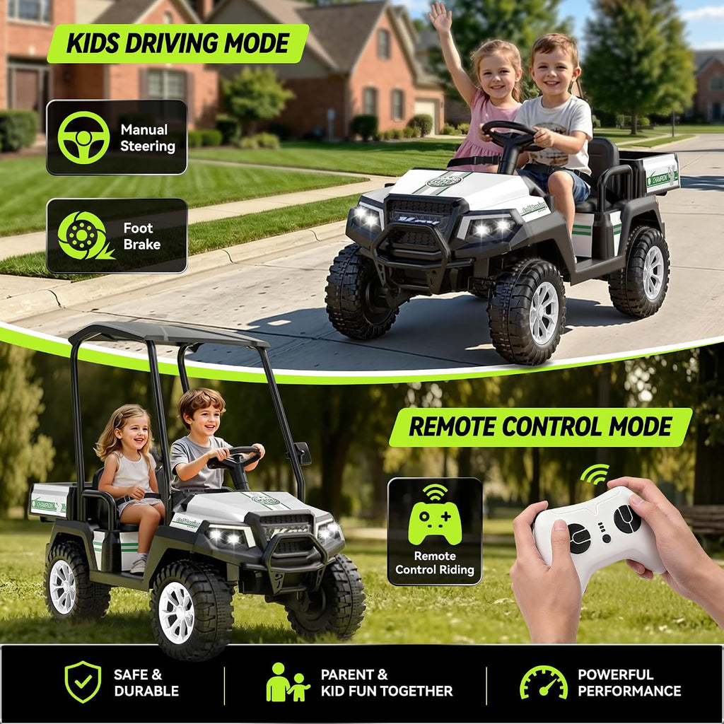 24V Kids Golf Cart w/Detachable Awning–4WD 2 Seater Ride on Car w/Large Storage Trunk, Remote Control, 3 Speeds, Music Player, LED Lights, Ride On Toys, Gift for Kids Ages 3-8(White)