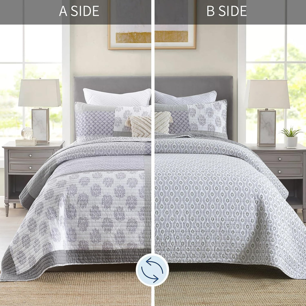 Y-PLWOMEN Quilts Queen Size, 100% Cotton Lightweight Soft Queen Quilt, Purple Grey White Quilted Bedspread, Patchwork Reversible Quilt Bedding Set All Season, 3-Pieces