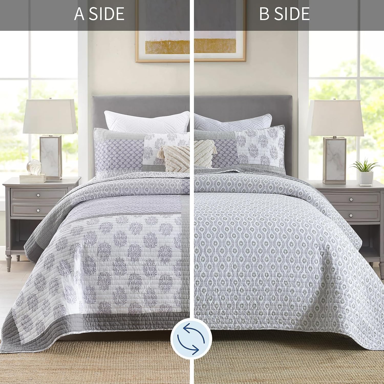 Y-PLWOMEN Quilts Queen Size, 100% Cotton Lightweight Soft Queen Quilt, Purple Grey White Quilted Bedspread, Patchwork Reversible Quilt Bedding Set All Season, 3-Pieces