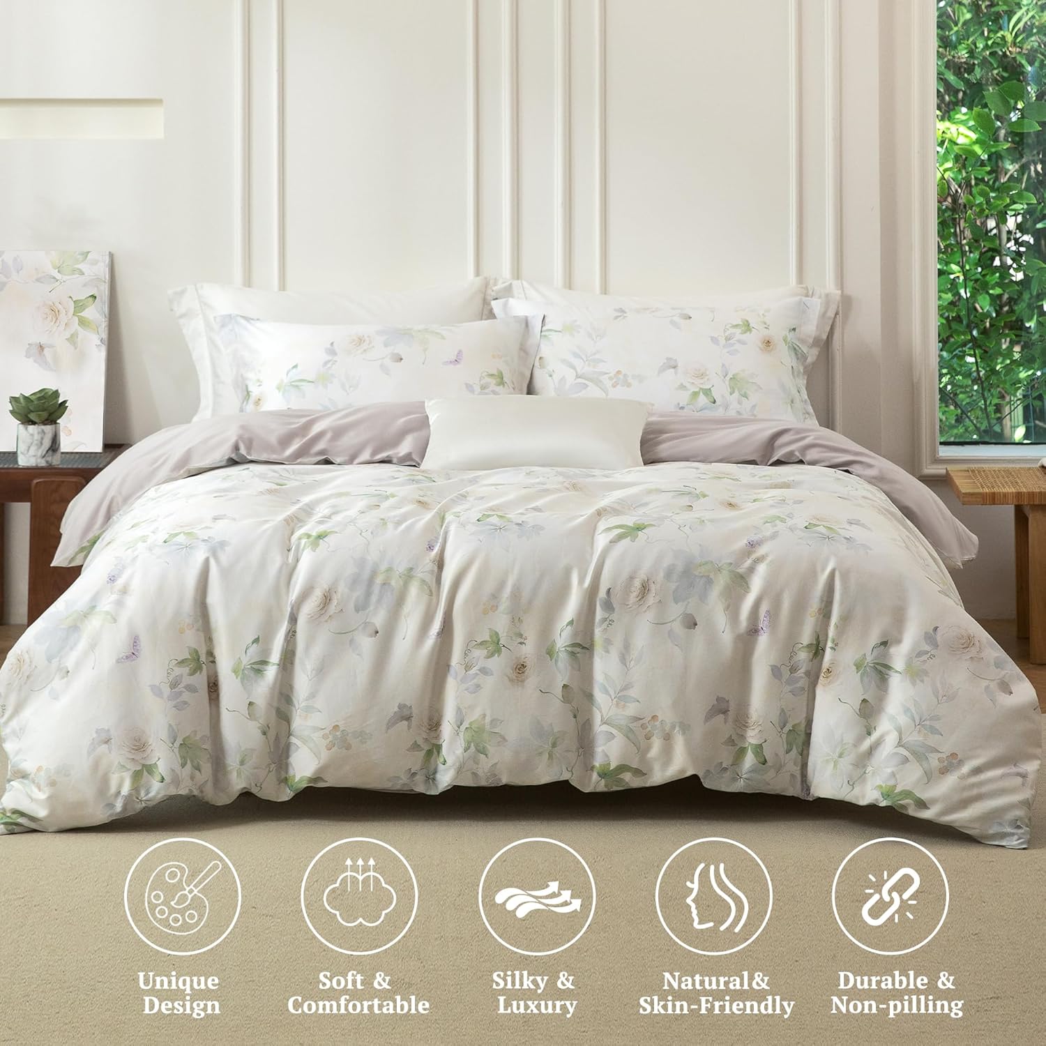 MILDLY Cal King Duvet Cover Set - 100% Long-Staple Cotton Beige Floral Patten Reversible Comforter Cover - 3Pcs Soft Breathable Luxury Bedding for All Season