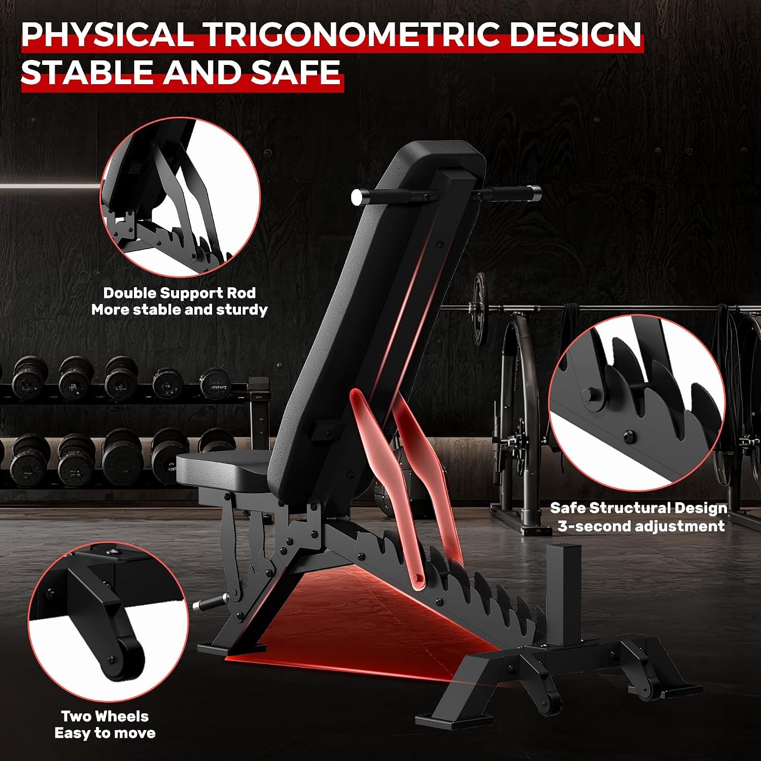Weight Bench, Adjustable Workout Bench for Home Gym Full Body Workout, 1300LBS Weight Capacity Bench Press, Flat/Incline Bench with 33' Extra-Long Backrest & Wheels