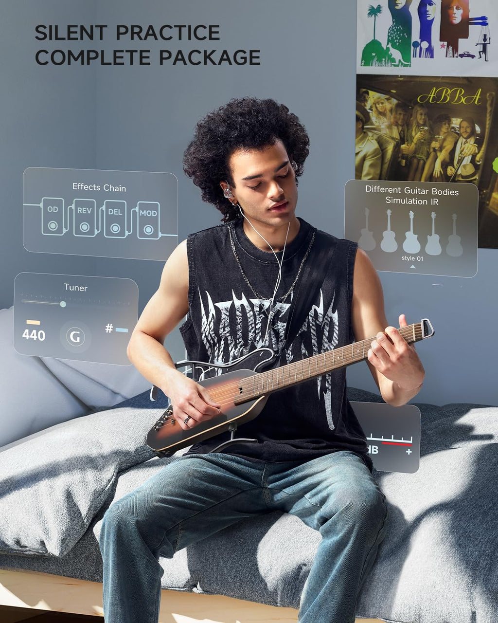 Donner Acoustic Electric Guitar HUSH I PRO Travel Guitar with Multiple Effect Modes Smart Guitarra Kit of Earphone, Gig Bag, Strap, Charging Cable, Sunburst