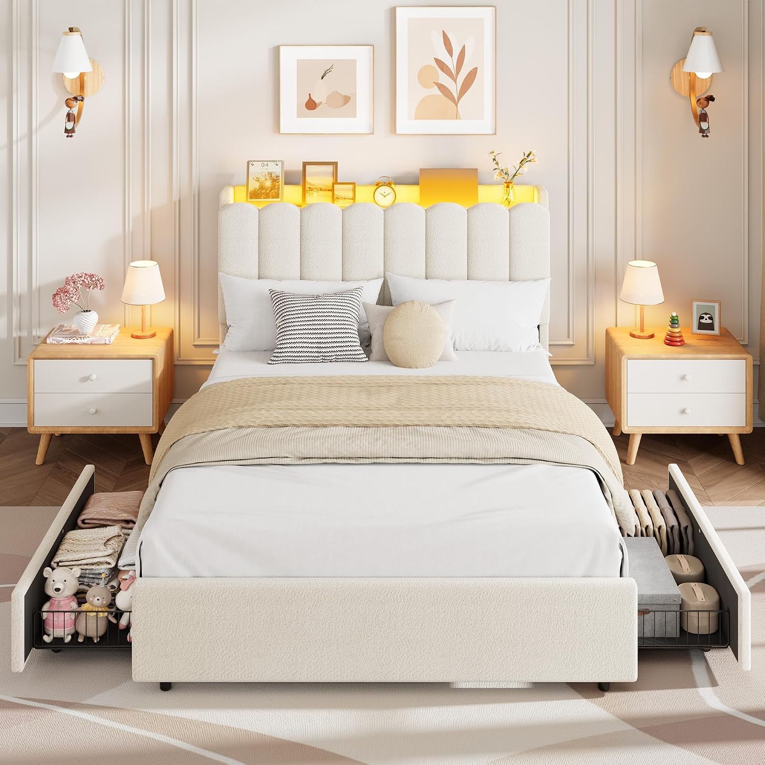 Garvee LED Full Size Bed Frame with Storage Headboard, Kids Bed Frame with 2 Drawers, Boucle Upholstered Platform Bed for Girls, Chic Wavy Headboard with Bookcase, No Box Spring Needed, White