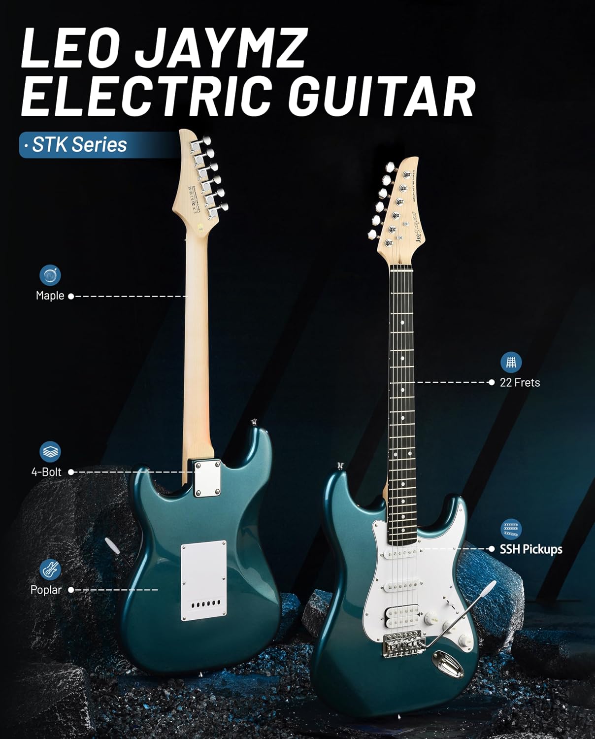 Leo Jaymz Beginner Electric Guitar 39' Kit with Portable Amplifier, Padded Gig Bag, Digital Tuner，Capo，Strap，Picks，HSS Pickups (Teal-HSS)