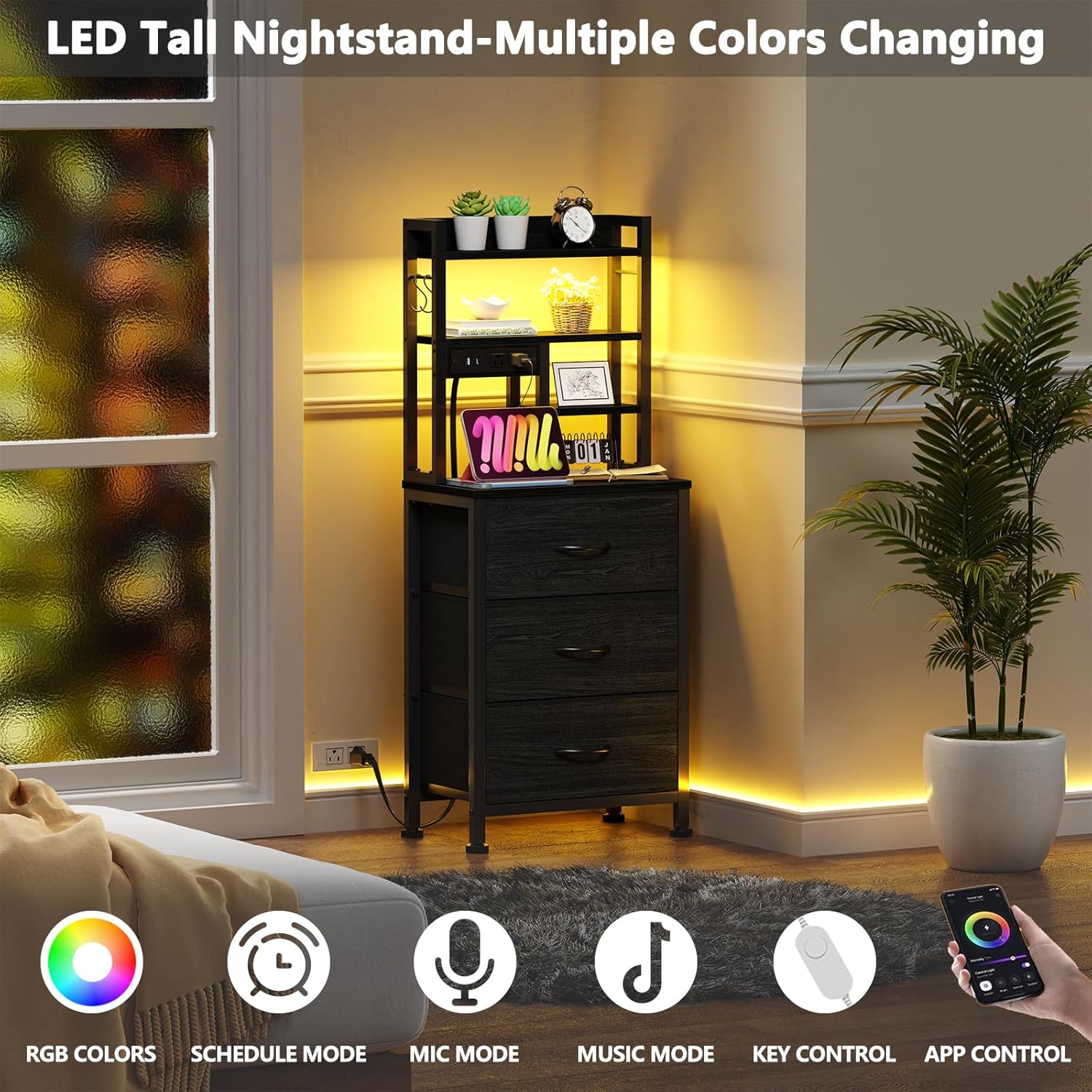 Furnulem Nightstands Set of 2, Tall Night Stand with Charger Station and USB Ports, 3 Fabric Drawers and Led Lights, Bed Side Table for Bedroom/Dorm/Office, Black Oak