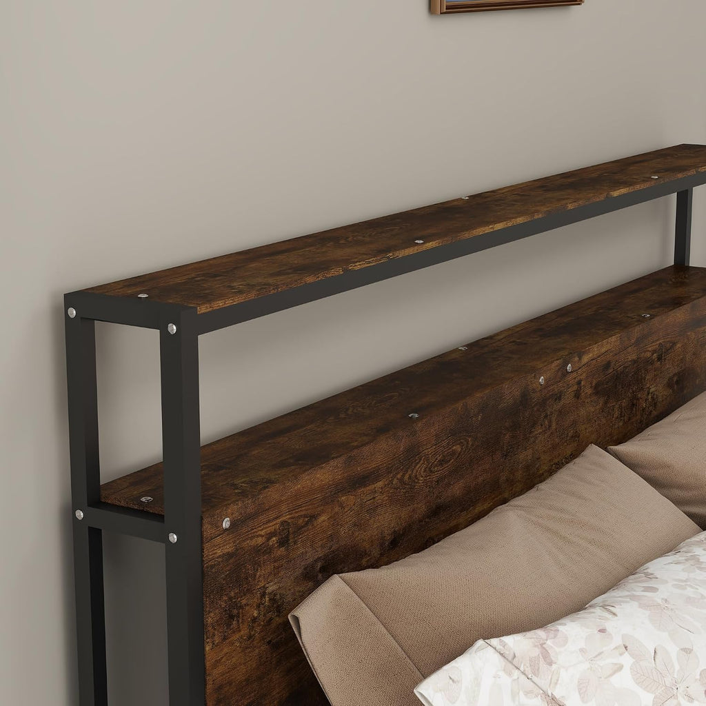 Panana Full/Queen Size Bed Frame with 4 Storage Drawers and Headboard, 2 Tier Shelves Headboard Storage, with Slats, Noise Free, No Box Spring Needed (Vintage Brown, Queen)