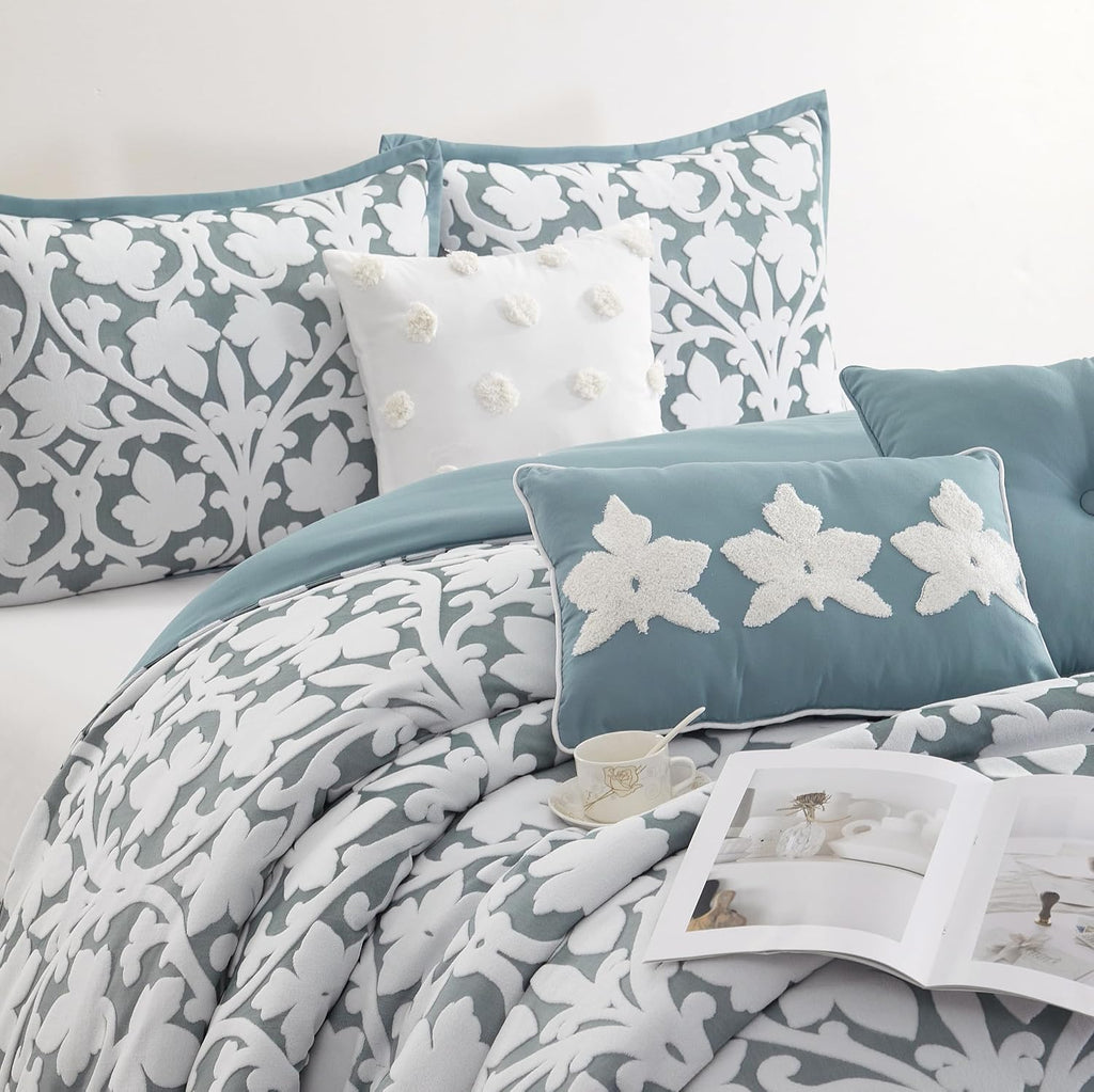 Grand Avenue 7 Piece Blue Comforter Set, Queen Size Jacquard Bedding Set, All Season Floral Leaves Bedding, Matching Pillows, Shams, Bed Skirt