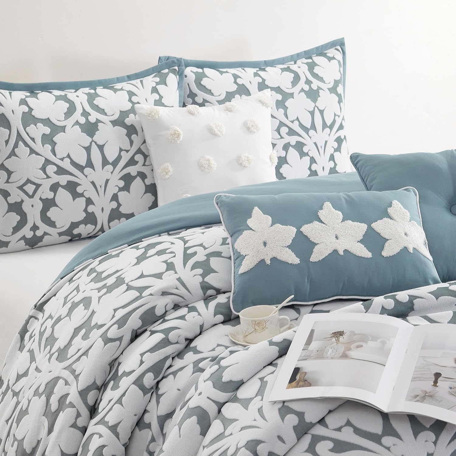 Grand Avenue 7 Piece Blue Comforter Set, Queen Size Jacquard Bedding Set, All Season Floral Leaves Bedding, Matching Pillows, Shams, Bed Skirt