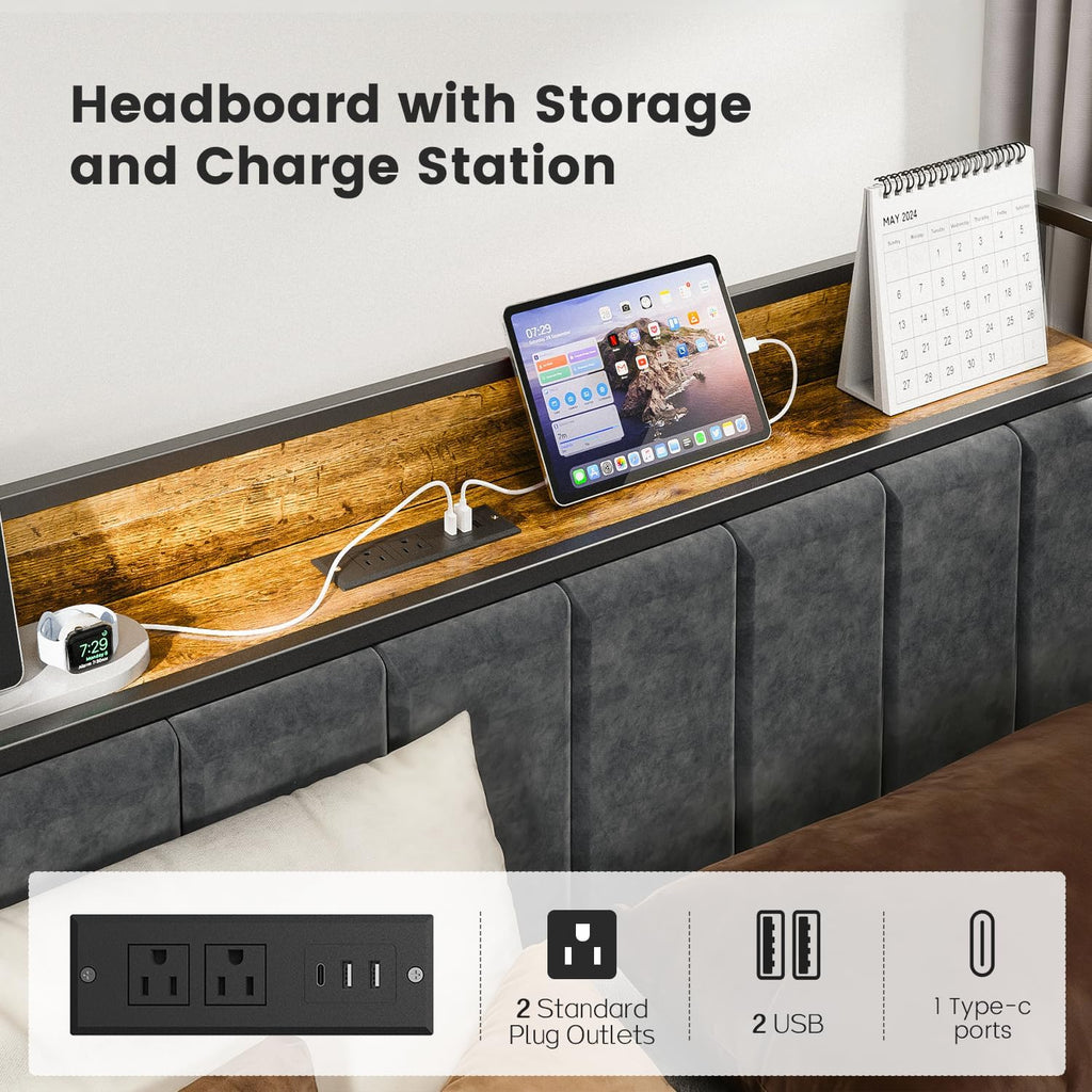 PROTEA Queen Size Bed Frame with LED Lights and Charging Station, Upholstered Storage Headboard, Heavy Duty Metal Platform with Slats, Noise Free, No Box Spring Needed, Easy Assembly