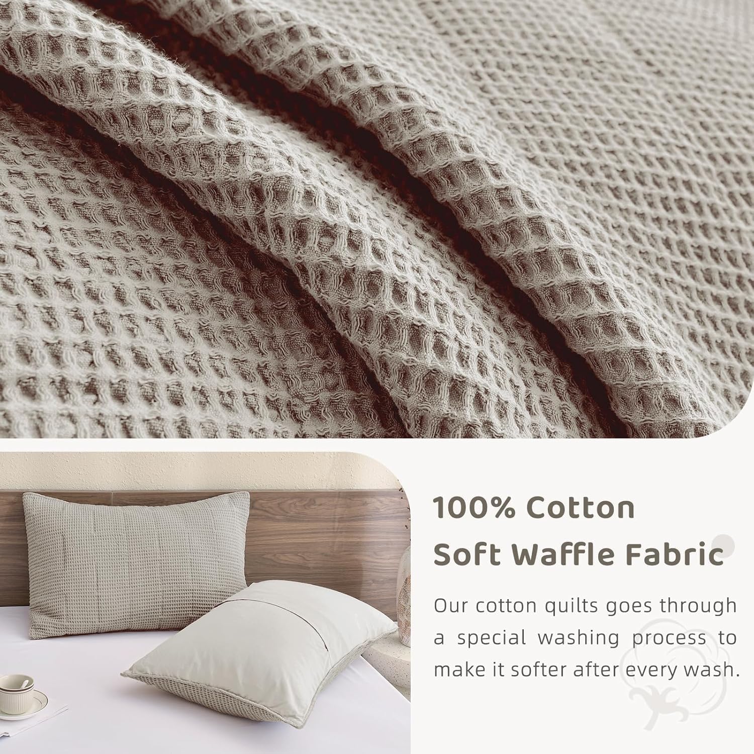 Sanracie Oversized Queen Quilt (102'x118'), Cotton Waffle Weave Quilt Sets, 3Pcs Luxury Aesthetic Quilt Bedding Set, Soft Breathable Lightweight Farmhouse Coverlet Set for All Season, Dark Khaki
