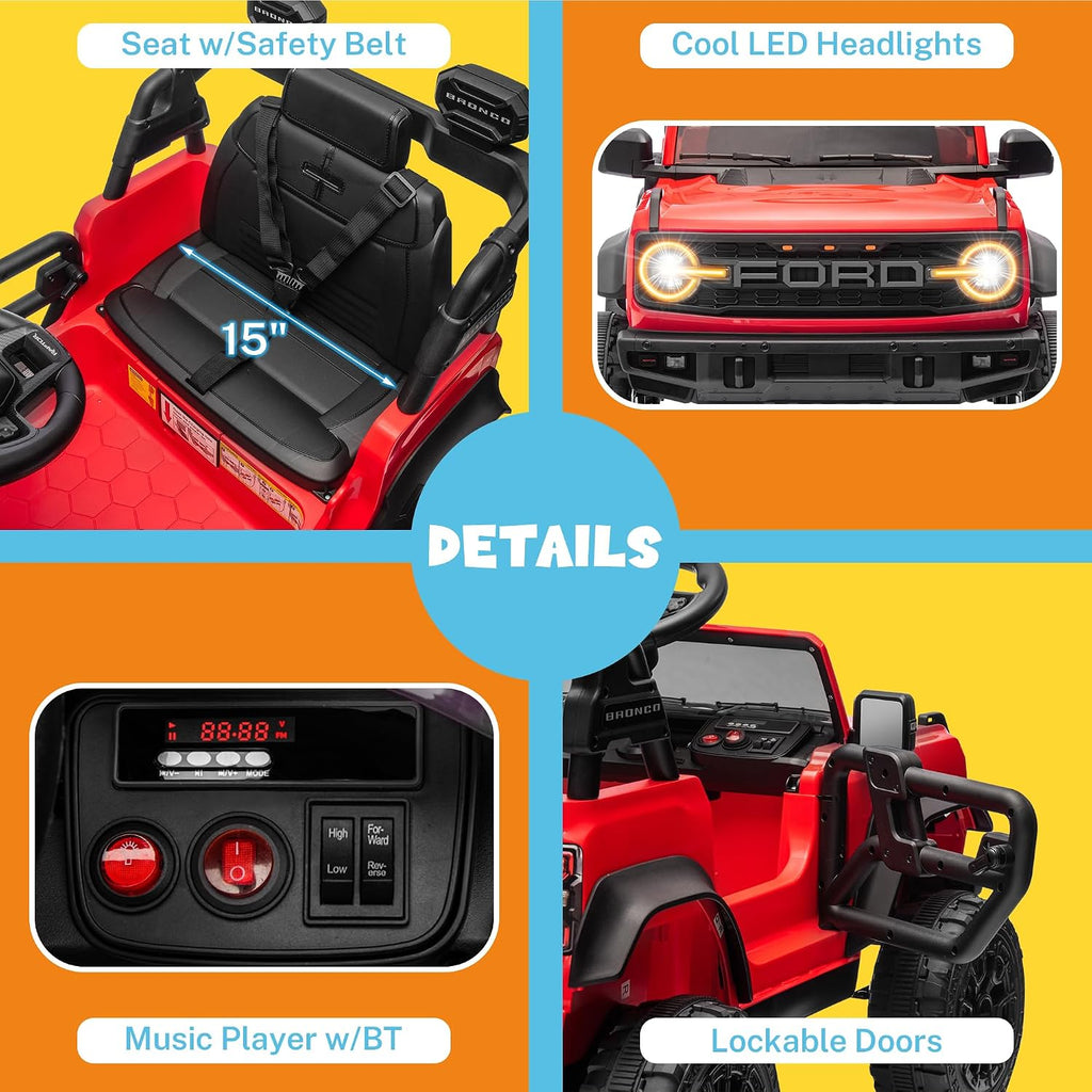 ENYOPRO 12V Kids Ride on Car Licensed Ford Bronco Raptor, Toddler Electric Car with Remote Control, Battery Powered Ride on Toy Truck w/LED Lights, Music Player, Horn, Seat Belt, Soft Start (Red)