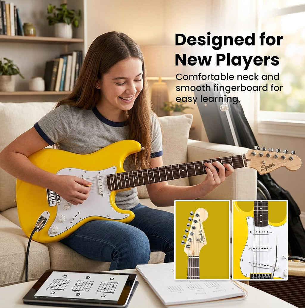 Fender Squier Stratocaster - Graffiti Yellow Bundle with Amplifier, Gig Bag, Instrument Cable, Strap, Picks, and Austin Bazaar Instructional DVD