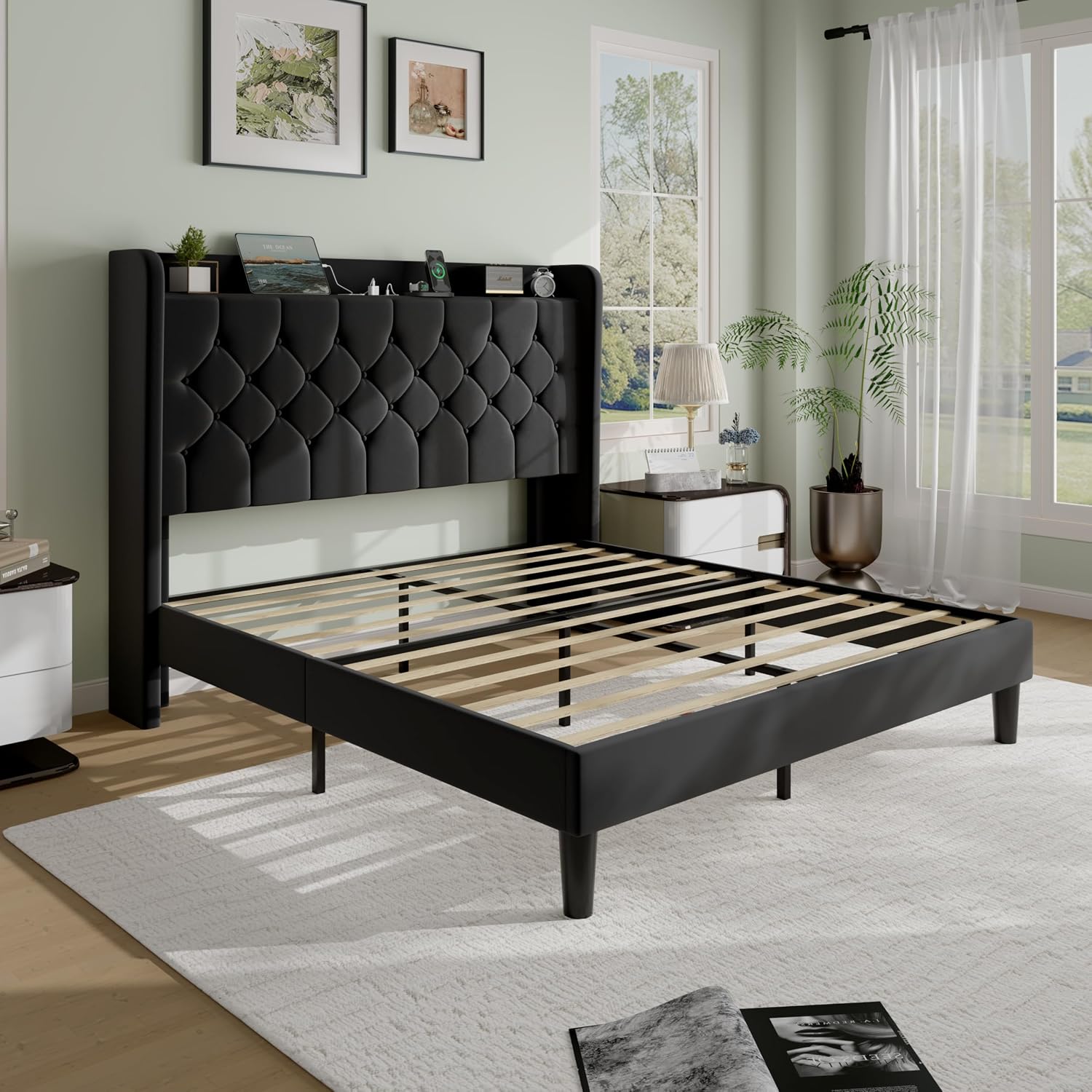 SHA CERLIN Queen Size Platform Bed Frame with Charging Station, Velvet Wingback Headboard with Storage Shelf, Wooden Slats Support, Ample Under-Bed Space, No Box Spring Needed, Easy Assembly, Black