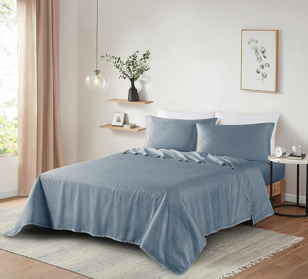 100% Supima Cotton Sheets 600 Thread Count,Bed Sheet Set King Size Sheets 4 Pieces,Soft & Silky Sateen Weave, Fits Mattress Up to 18',Deep Pocket, Breathable & Fade Resistant(Blue Grey,King)