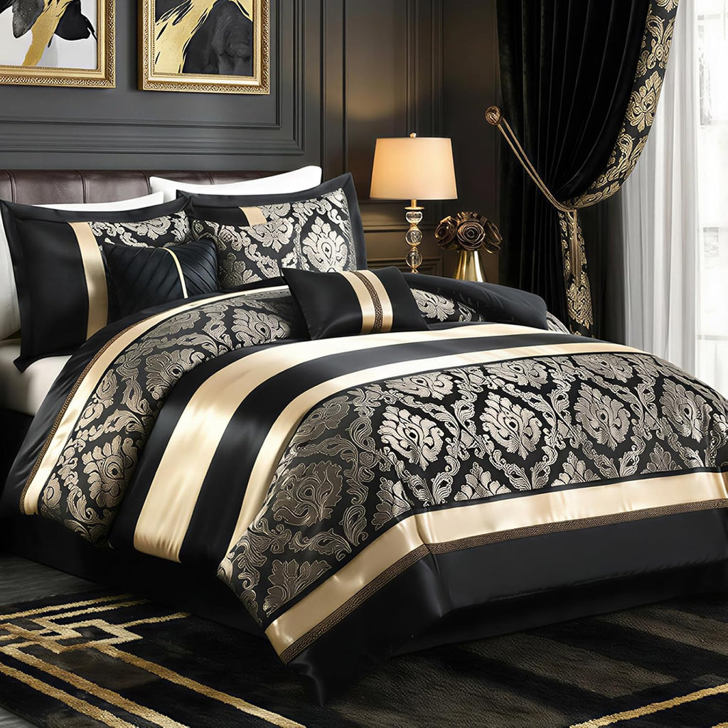 CozyDH Black and Gold Jacquard Comforter Set Queen - 7 Piece Luxury Damask Medallion Patchwork Bed in a Bag, All Season Down Alternative Bedding with Bed Skirt, Shams, Decorative Pillows, 90x90 in