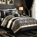 CozyDH Black and Gold Jacquard Comforter Set Queen - 7 Piece Luxury Damask Medallion Patchwork Bed in a Bag, All Season Down Alternative Bedding with Bed Skirt, Shams, Decorative Pillows, 90x90 in