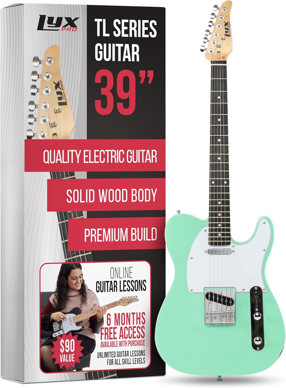 LyxPro 39' Electric Guitar TL Series, Full-Size Paulownia Wood Body, 3-Ply Pickguard, C-Shape Neck, Ashtray Bridge, Quality Gear Tuners, 3-Way Switch & Volume/Tone Controls, 2 Picks Included, Green