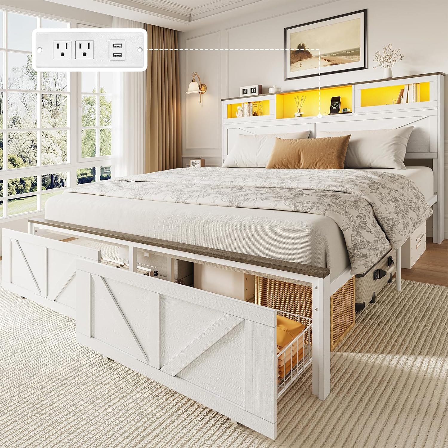 Yoobure Queen Bed Frame with Headboard, Bed Frame Queen Size with Charging Station, LED Beds with 2 Storage Drawers, Wood Farmhouse Bedframe Queen-Size, Noise-Free and No Box Spring Needed