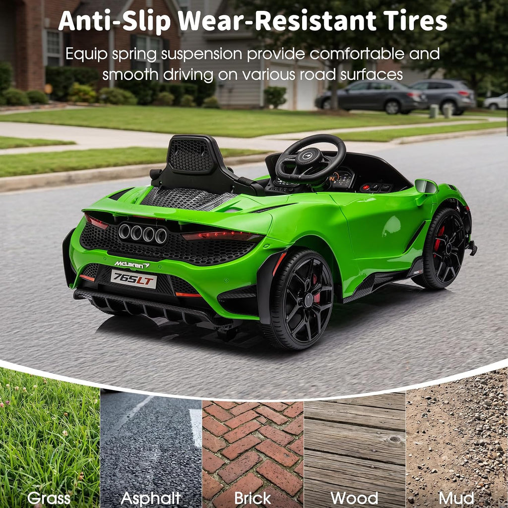 Kids Ride-on Car Licensed McLaren765LT for 3-6Years Old, Electric car 12V Battery Powered Electric Vehicle, w/Parent Remote, Music Player, LED Lights, Smooth Start, 3 Speeds, (Green)