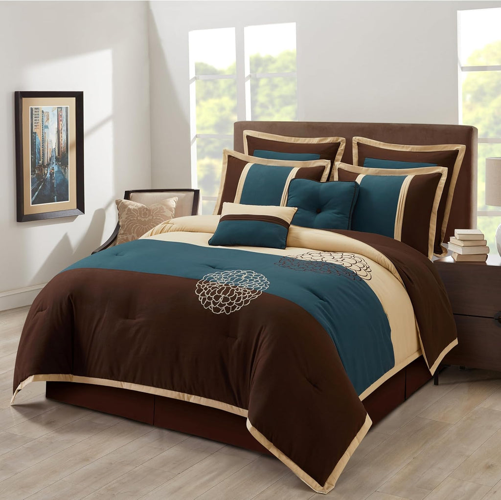 Grand Avenue Brown/Blue Cal King Comforter Set, 8 Piece, Ultra Soft, Premium Microfiber, Bedskirt, Pillows & Shams, Home Decor