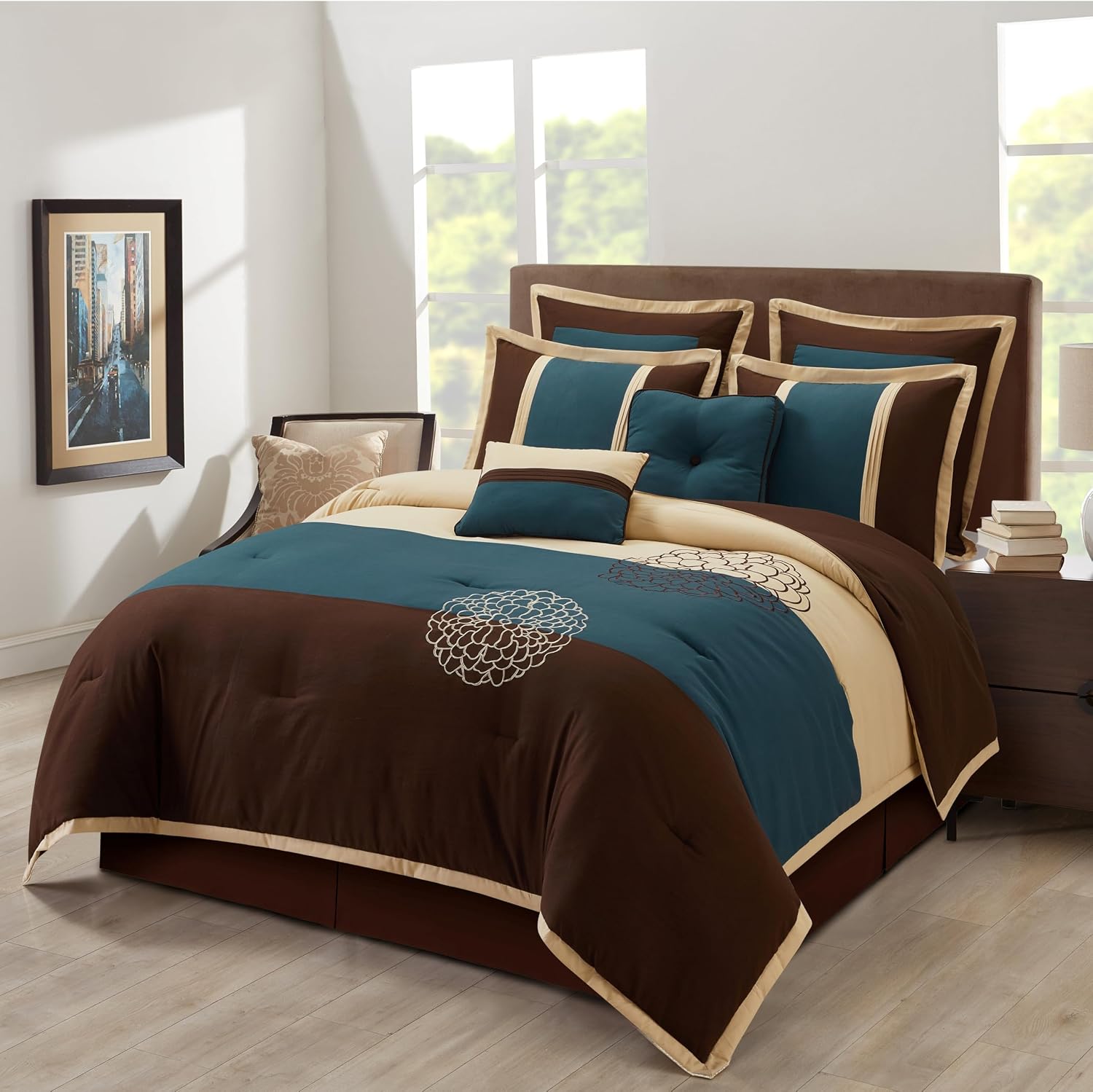 Grand Avenue Brown/Blue Cal King Comforter Set, 8 Piece, Ultra Soft, Premium Microfiber, Bedskirt, Pillows & Shams, Home Decor