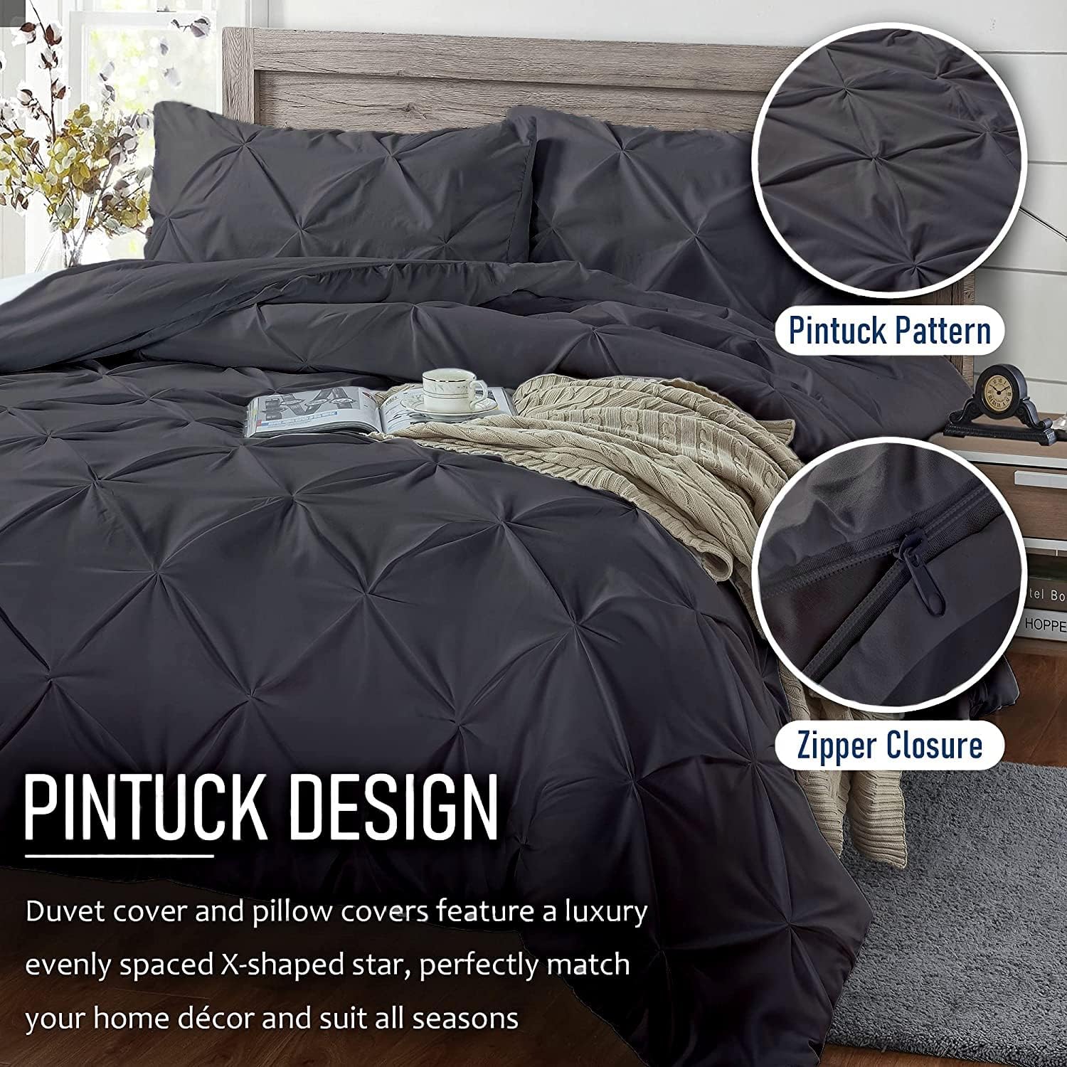 Crown Collection 1000-TC Hypoallergenic Ultra Soft Design 100% Egyptian Cotton Pinch Plated Duvet Cover with Zipper Colser & 2pcs Pillow Case Set (Eastern King Size (118' x 110'), Dark Gray)