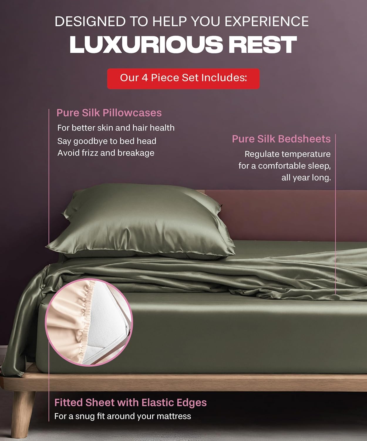 Colorado Home Co SUNDAYSILKS™ | 100% Mulberry Silk Bed Sheets | 4PC Mulberry Silk Sheets King Size | Soft & Durable | Grade 6A Organic Real Silk Sheets Set | Sábanas de Seda [Olive]
