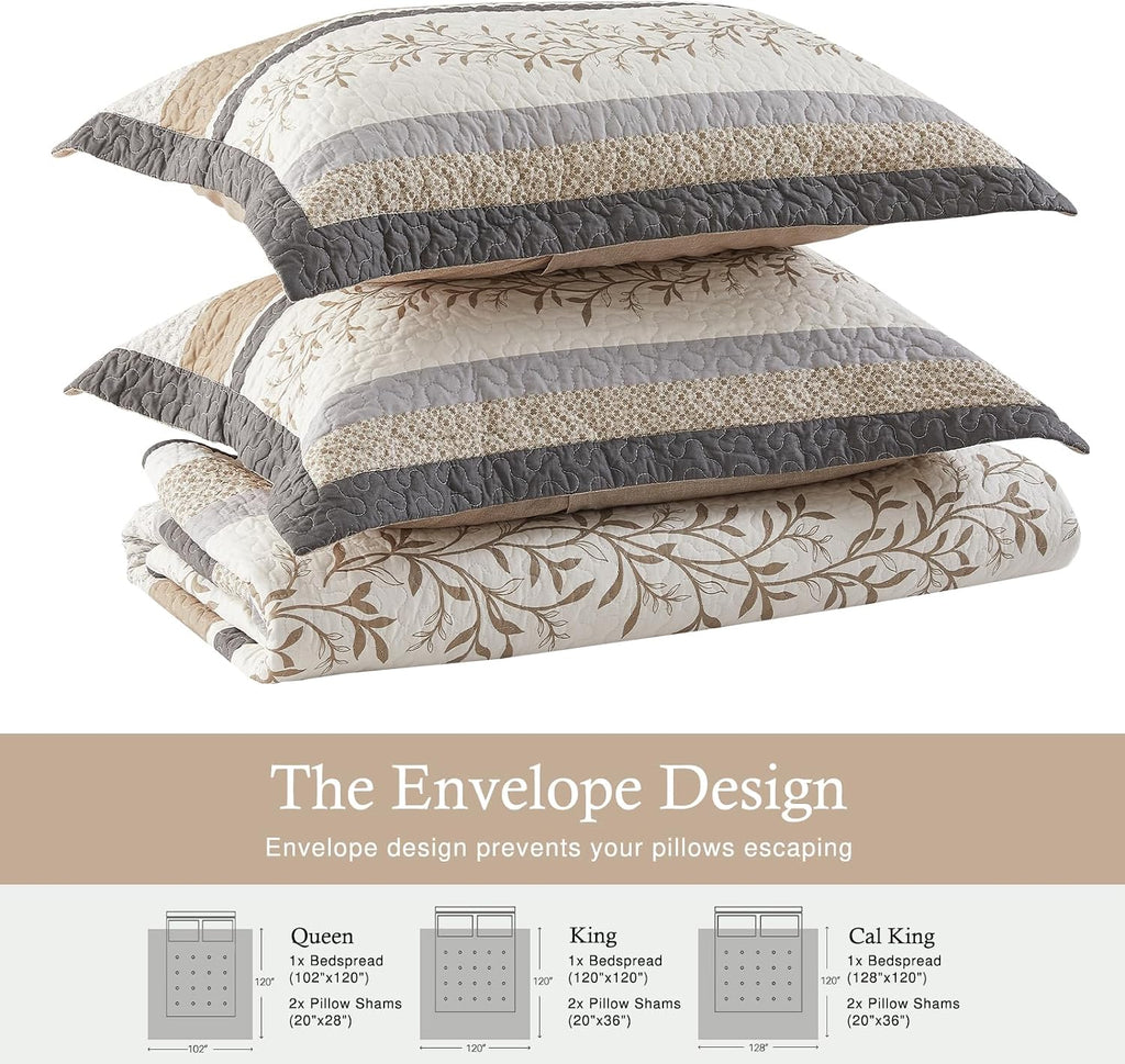 Farmhouse Oversized King Bedspread 128'x120' - 100% Cotton Lightweight California King Quilt Set, Reversible Botanical Striped Pattern Extra Wide Quilted Bedding Coverlet, 3 Pcs, Khaki/Gray