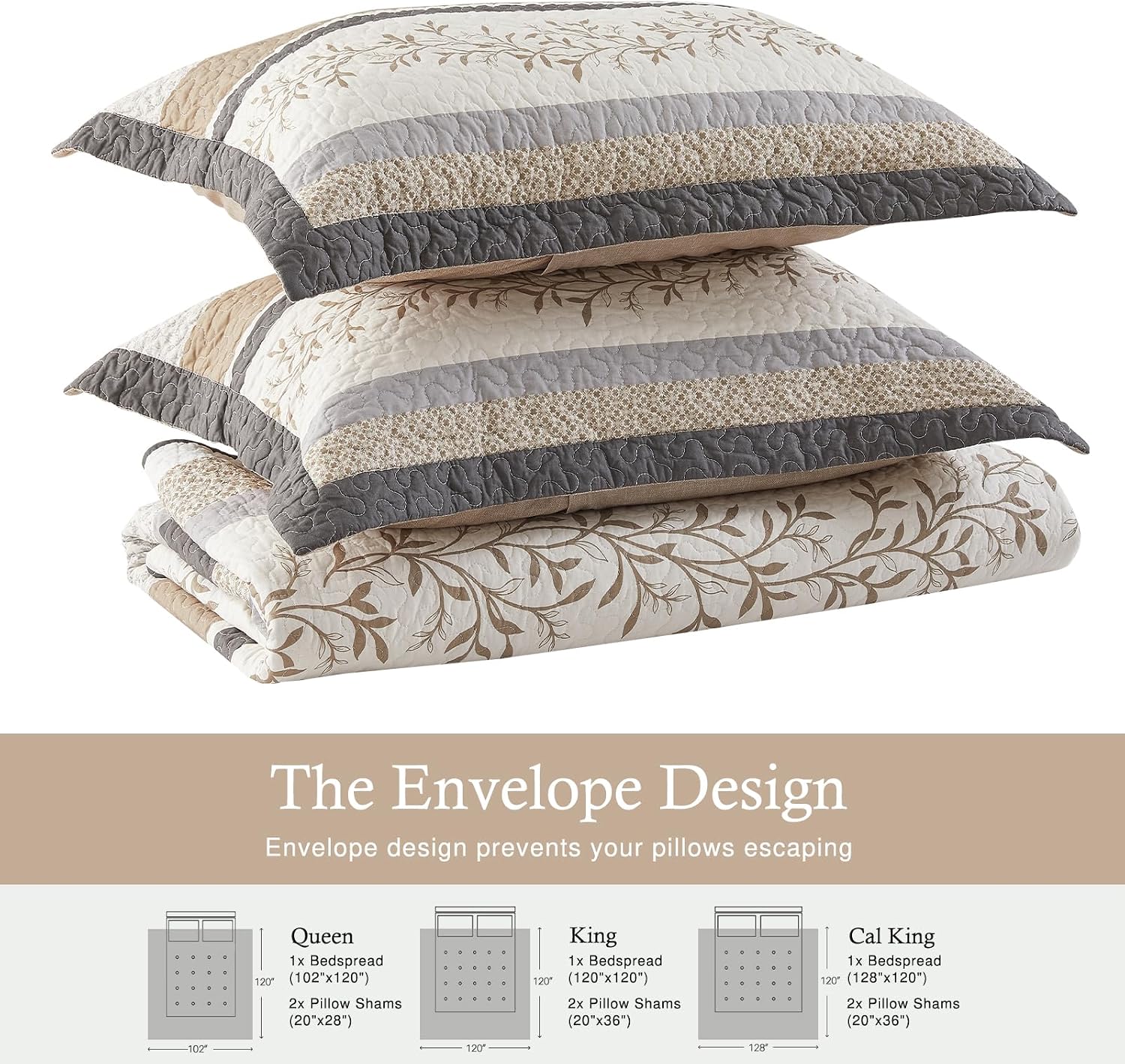 Farmhouse Oversized King Bedspread 128'x120' - 100% Cotton Lightweight California King Quilt Set, Reversible Botanical Striped Pattern Extra Wide Quilted Bedding Coverlet, 3 Pcs, Khaki/Gray