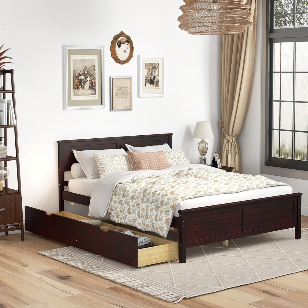 GOFLAME Full Size Bed Frame with 2 Drawers, Platform Bed with Solid Wood Headboard & Footboard, Wood Slats Support Mattress Foundation, Under Bed Storage, No Box Spring Needed, Easy Assembly, Espresso