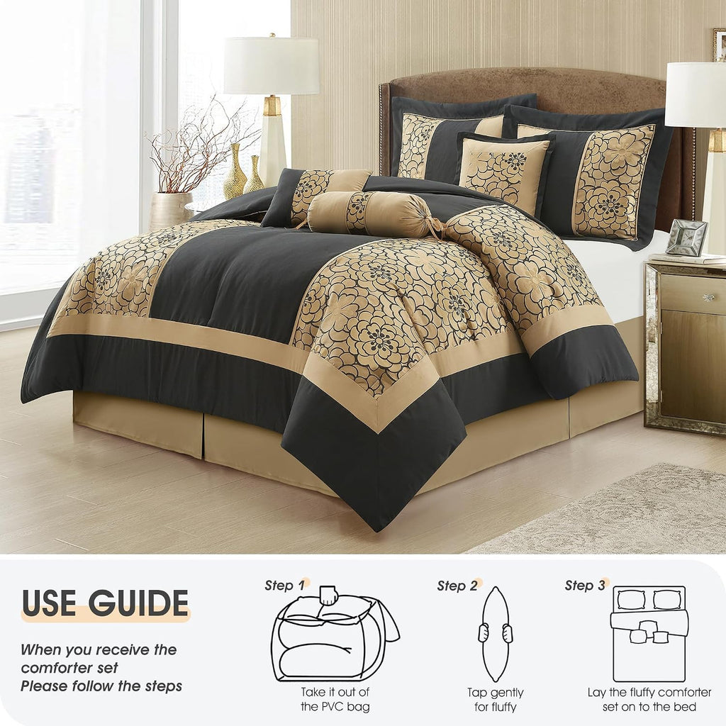 LANCO MODERN LIFESTYLE 7 Piece King Size Comforter Set, Black Gold, Elegant Floral Jacquard, Stylish and Cozy Bedding Collection, Premium Bedding Set with Bedskirt, Shams and Pillows