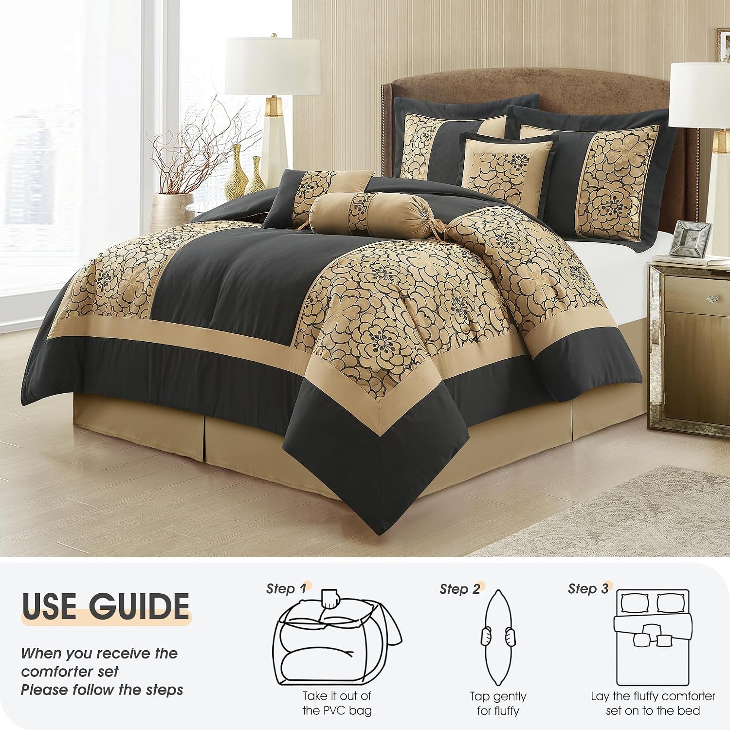 LANCO MODERN LIFESTYLE 7 Piece King Size Comforter Set, Black Gold, Elegant Floral Jacquard, Stylish and Cozy Bedding Collection, Premium Bedding Set with Bedskirt, Shams and Pillows