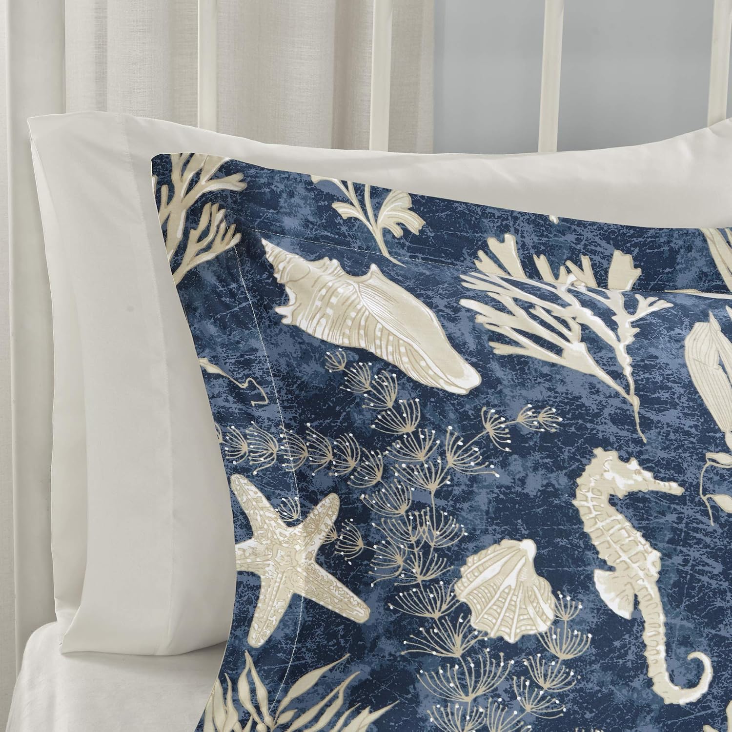 Madison Park 100% Cotton Comforter Set-Coastal Coral, Starfish Design All Season Down Alternative Cozy Bedding with Matching Shams, Decorative Pillow, King (104 in x 92 in), Cape Cod Navy 7pcs