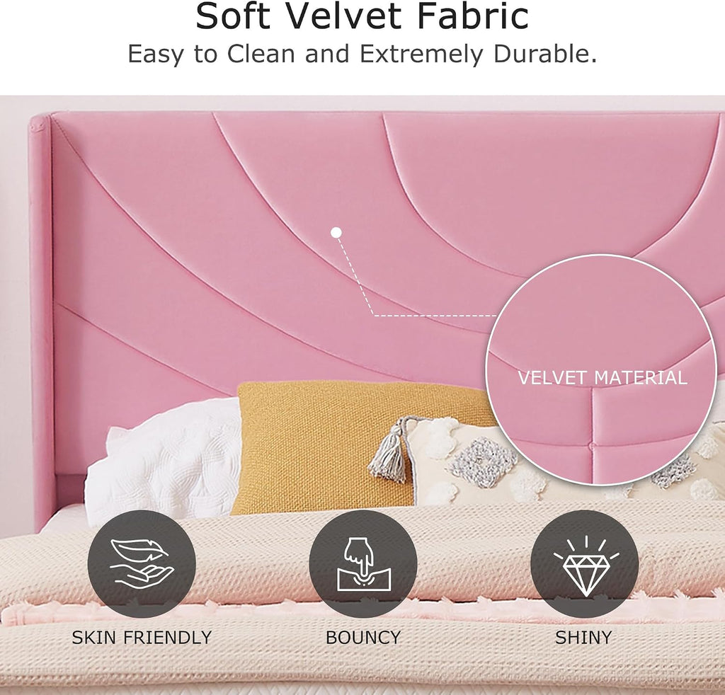 VECELO Upholstered Platform Full Bed Frame with 4 Storage Drawers & Wave Fabric Headboard,Wooden Slats Support/No Box Spring Needed/Mattress Foundation,Pink