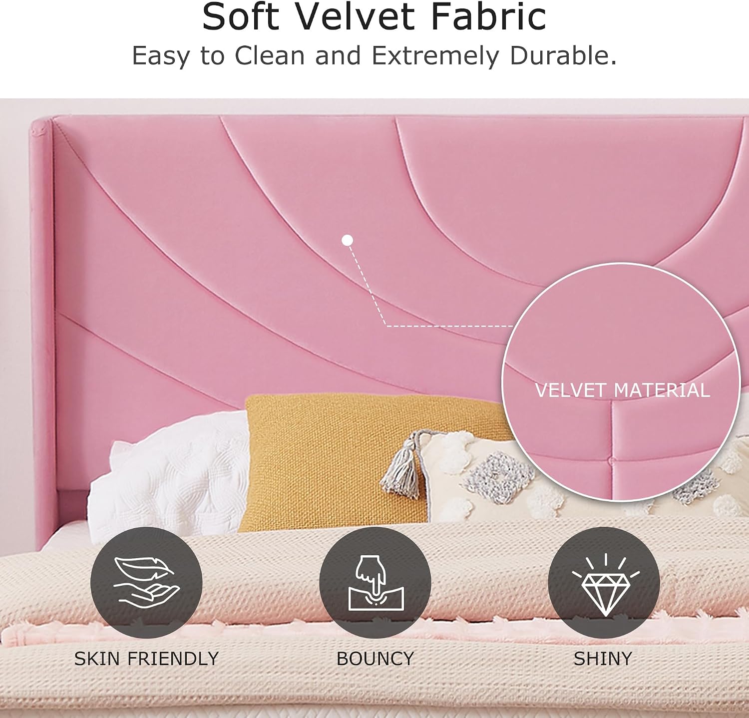 VECELO Upholstered Platform Full Bed Frame with 4 Storage Drawers & Wave Fabric Headboard,Wooden Slats Support/No Box Spring Needed/Mattress Foundation,Pink