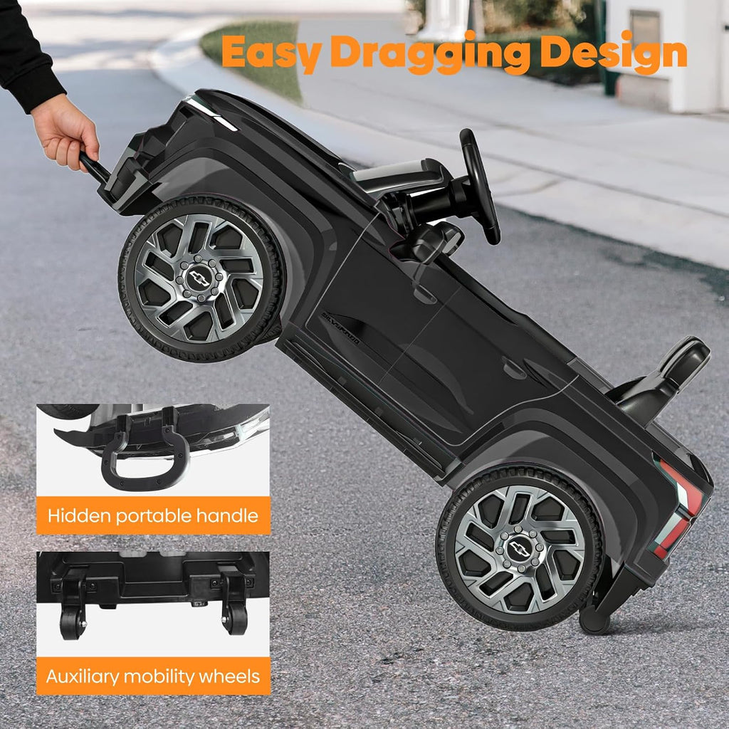24V Licensed Chevrolet Silverado Electric Car for Kids, Ride on Toys for Toddlers with Remote Control, Soft Start, LED Lights, Music Player, Seat Belts, Easy to Assemble, Black