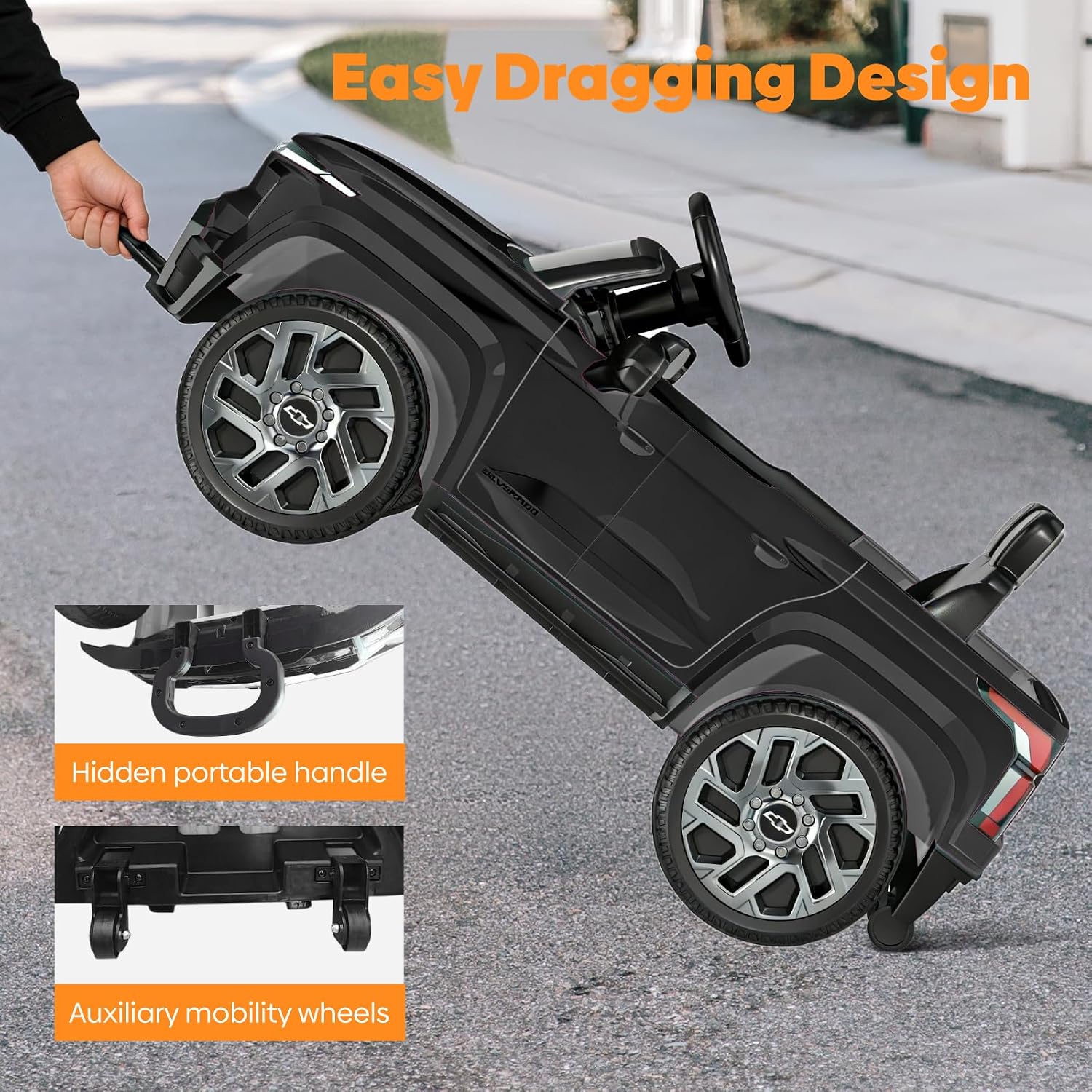 24V Licensed Chevrolet Silverado Electric Car for Kids, Ride on Toys for Toddlers with Remote Control, Soft Start, LED Lights, Music Player, Seat Belts, Easy to Assemble, Black