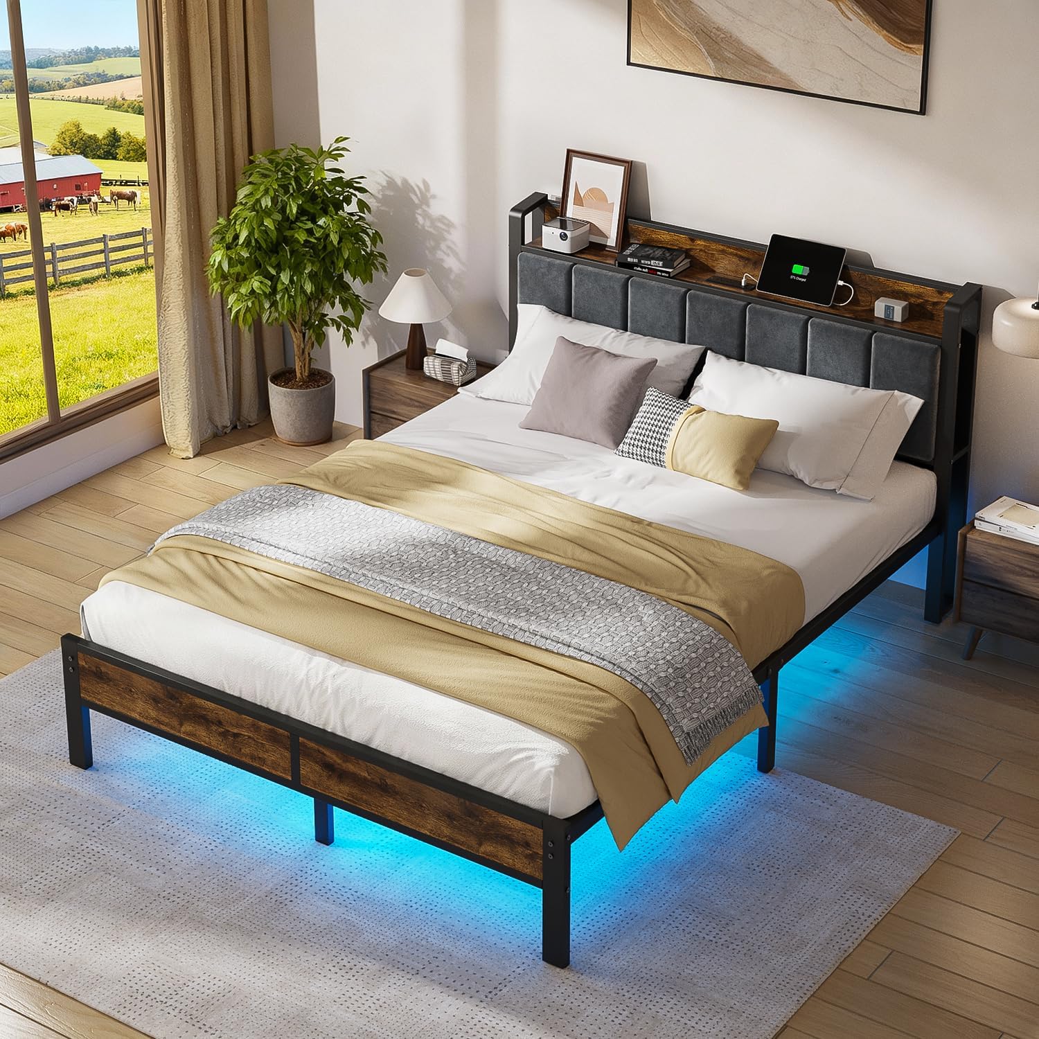 ALBERTO Queen Size Bed Frame with LED Lights, Upholstered Headboard with Storage and Charging Station, Metal Platform with Slats, No Box Spring Needed, Easy Assembly