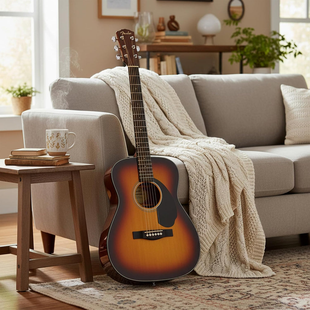 Fender CC-60S Solid Top Concert Acoustic Guitar - 3-Color Sunburst Bundle with Gig Bag, Tuner, Strap, Strings, Picks, and Austin Bazaar Instructional DVD
