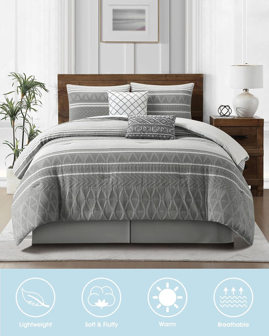 LANCO MODERN LIFESTYLE Cotton Comforter Set King Size, Gorgeous Geometric Jacquard, Grey Soft Lightweight Bedding Set for All Seasons, 6 Pieces with Bedskirt, Pillow Shams and Decor Pillows