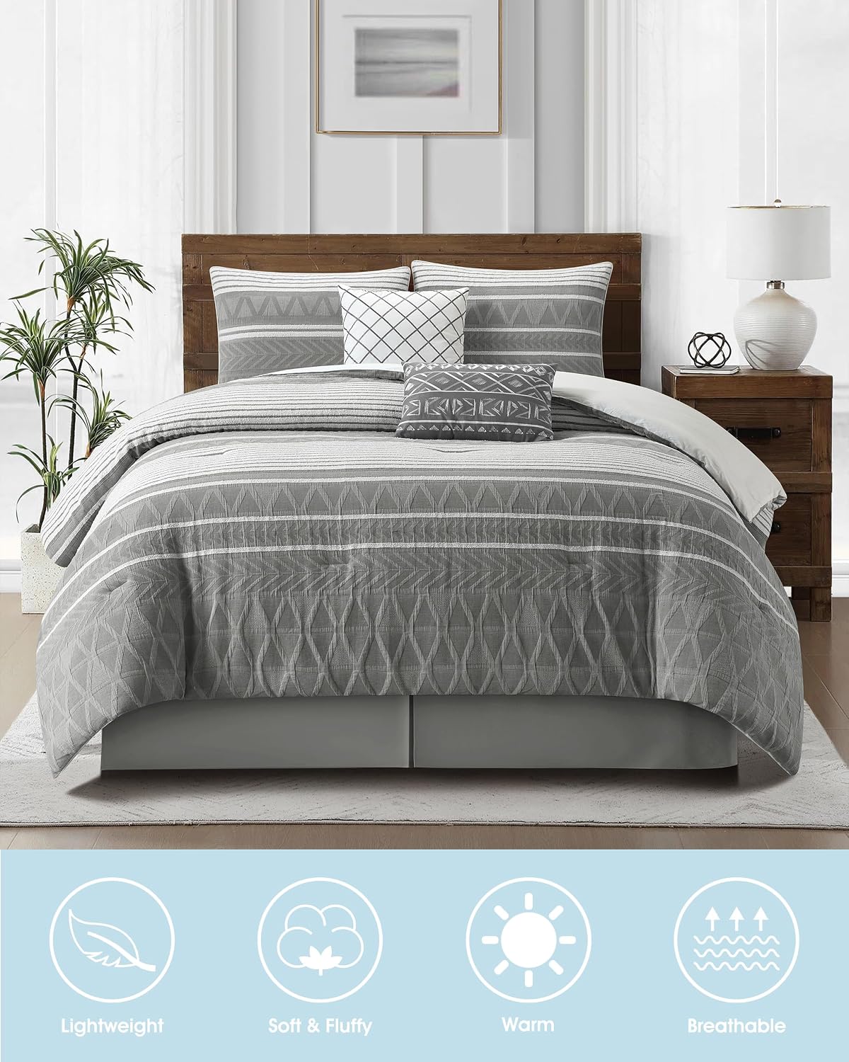 LANCO MODERN LIFESTYLE Cotton Comforter Set King Size, Gorgeous Geometric Jacquard, Grey Soft Lightweight Bedding Set for All Seasons, 6 Pieces with Bedskirt, Pillow Shams and Decor Pillows