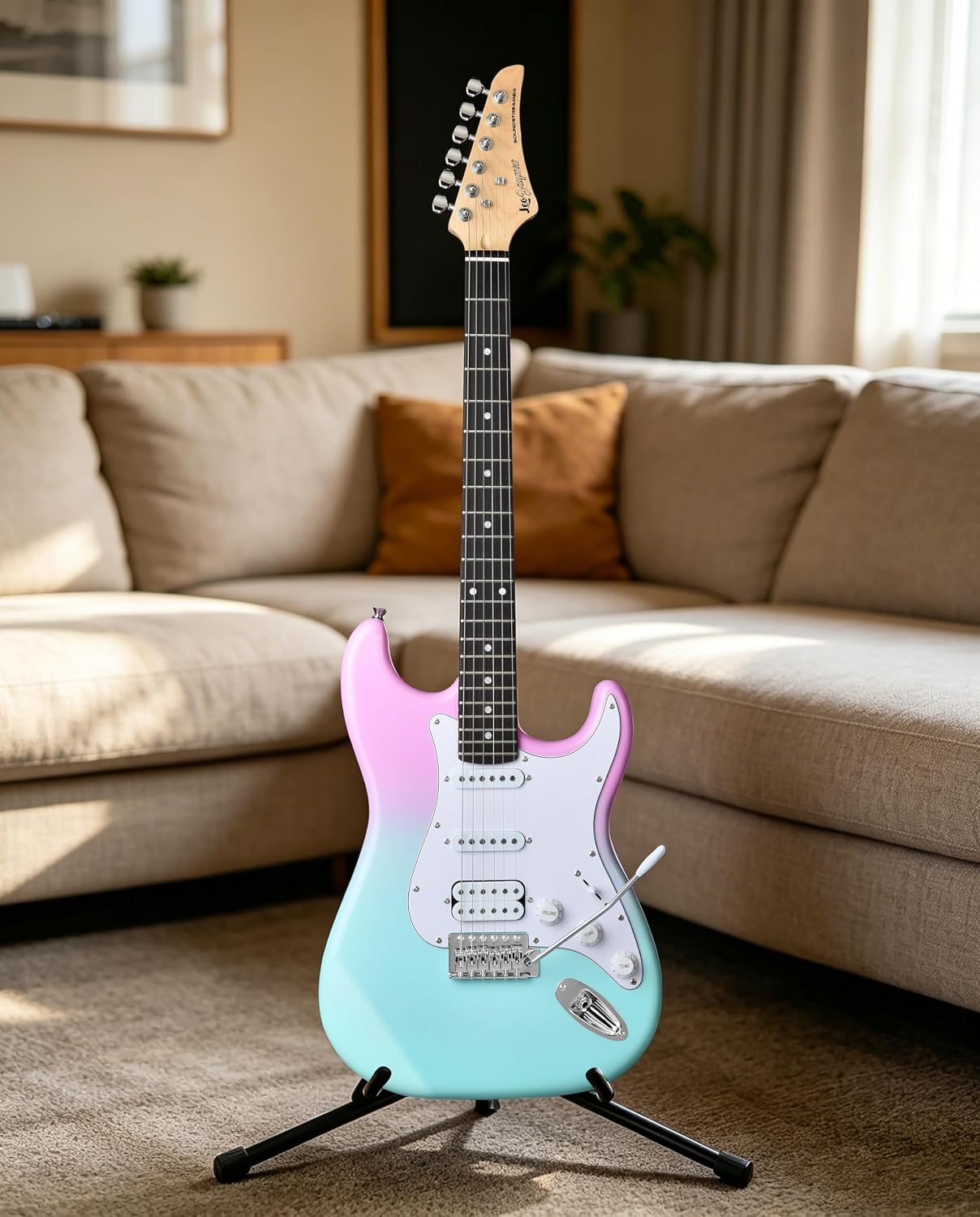 Leo Jaymz Beginner Electric Guitar 39' Kit with Portable Amplifier, Padded Gig Bag, Digital Tuner，Capo，Strap，Picks，HSS Pickups (Pink-Cyan Fade-HSS)