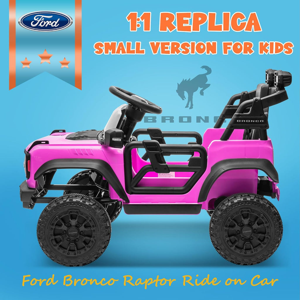 ENYOPRO 12V Licensed Ford Bronco Raptor Ride on Toys, Kids Electric Car w/Parental Remote Control, Spring Suspension, Soft Start, Bluetooth, LED Lights, Gift for Girls & Boys Ages 3-6 (Pink)